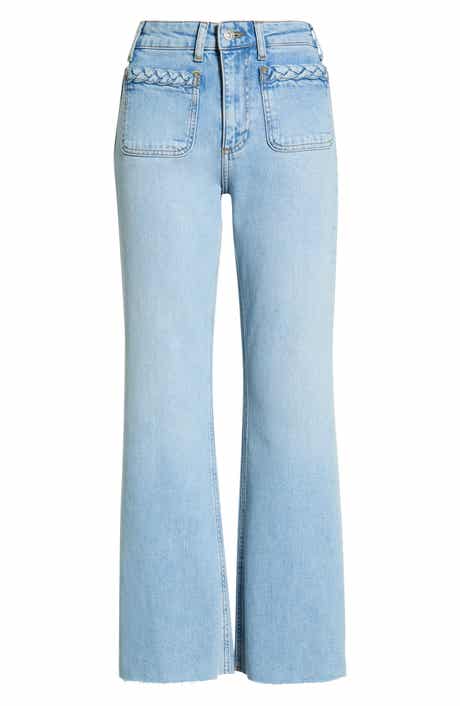 Braid Patch Pocket Raw Hem Wide Leg Jeans