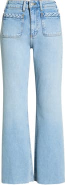 PAIGE Braid Patch Pocket Raw Hem Wide Leg Jeans