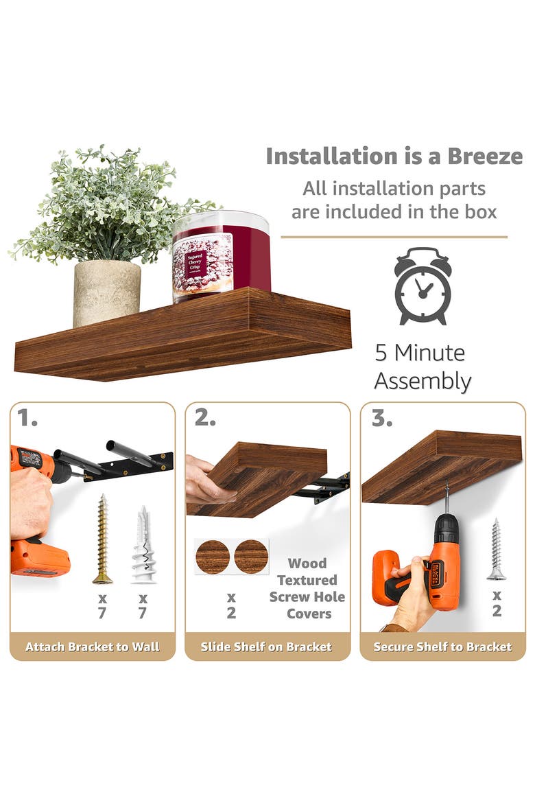Set of 2 16-Inch Rectangular Floating Shelves, Alternate, color, WALNUT