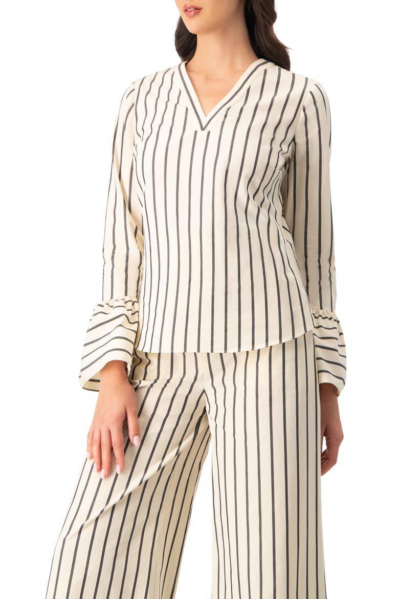 Striped V-Neck Oversized Shirt, Alternate, color, Natural