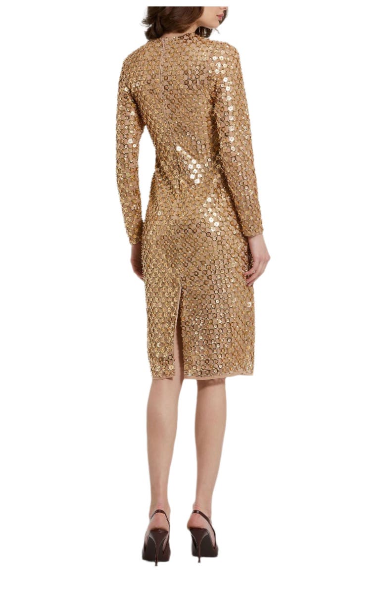 Mac Duggal Beaded Georgette Long Sleeve Fitted Midi Dress, Alternate, color, Antique Gold