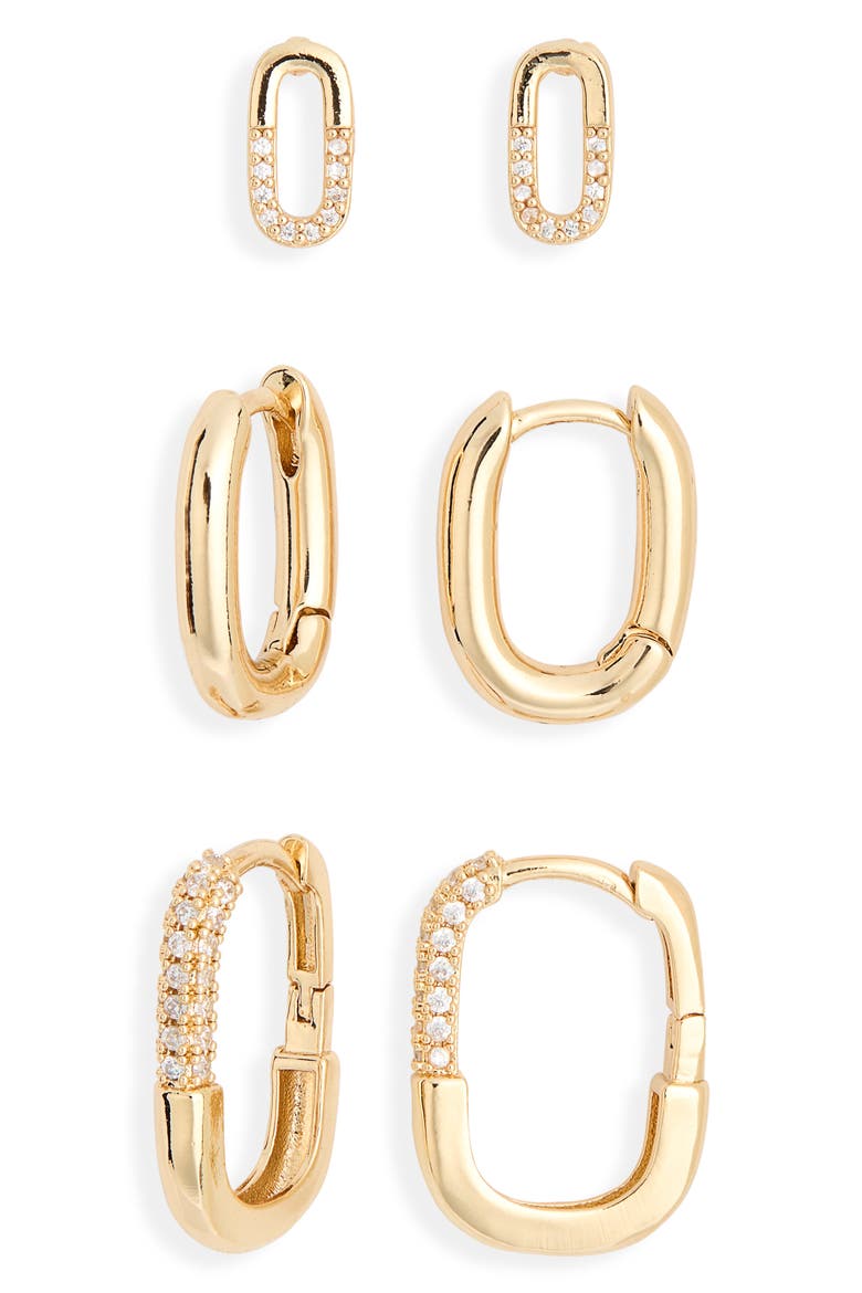 Set of 3 Cubic Zirconia Oval Stud & Huggie Hoop Earrings, Alternate, color, CLEAR- GOLD