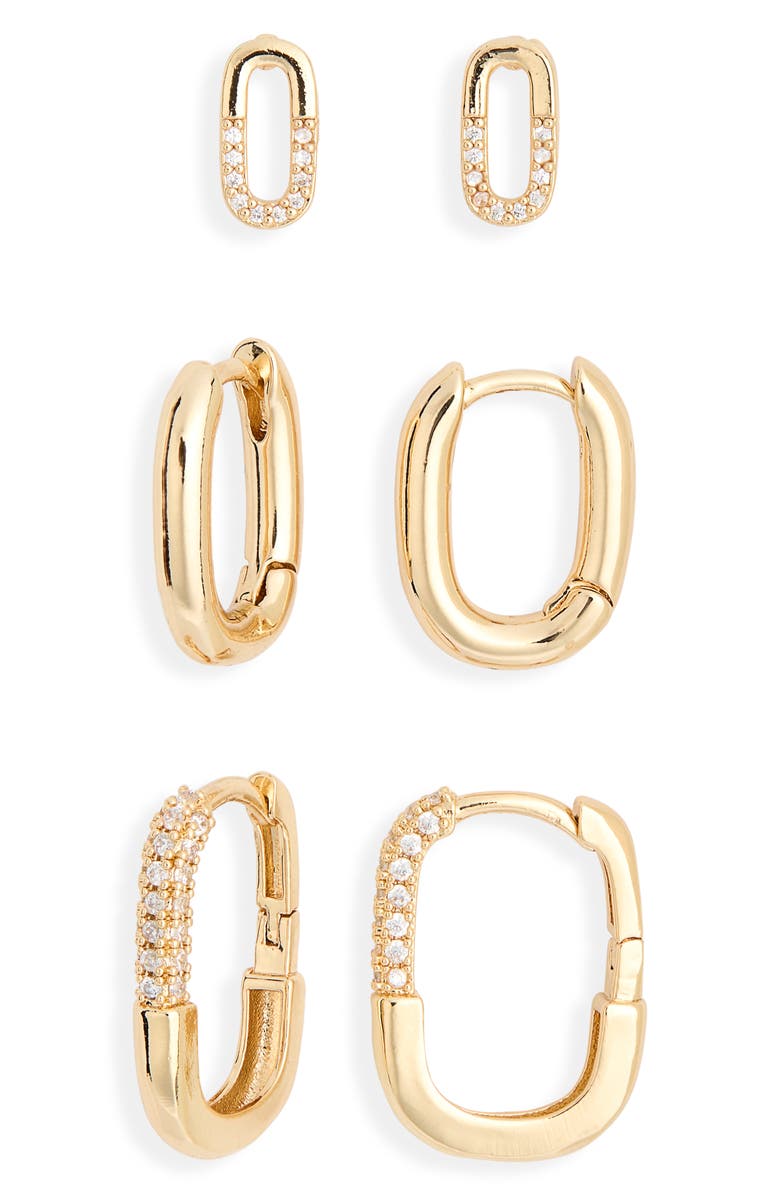 Leith Set of 3 Cubic Zirconia Oval Stud & Huggie Hoop Earrings, Alternate, color, Clear- Gold