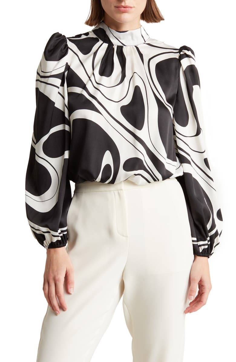 BY DESIGN Seraphine Long Sleeve Mock Neck Top, Main, color, Swirl Girl Black/Sugar Swizzle