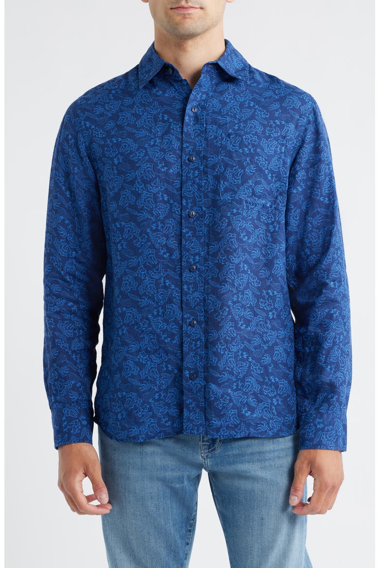 Floral Linen Button-Up Shirt, Main, color, DARK BLUE