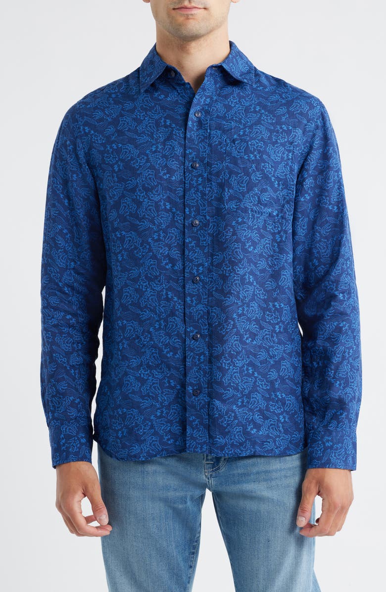 Schott NYC Floral Linen Button-Up Shirt, Main, color, Dark Blue