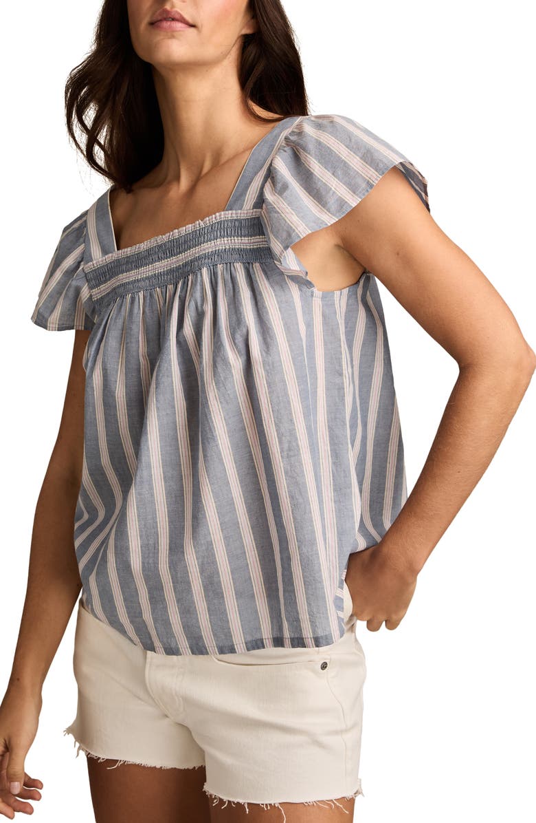 Lucky Brand Stripe Smocked Square Neck Cotton Peasant Top, Alternate, color, Navy Stripe