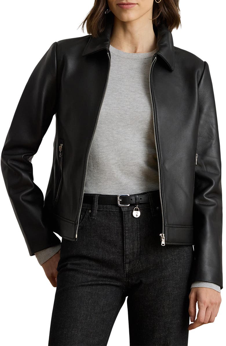 Lauren Ralph Lauren Leather Jacket, Main, color, Black