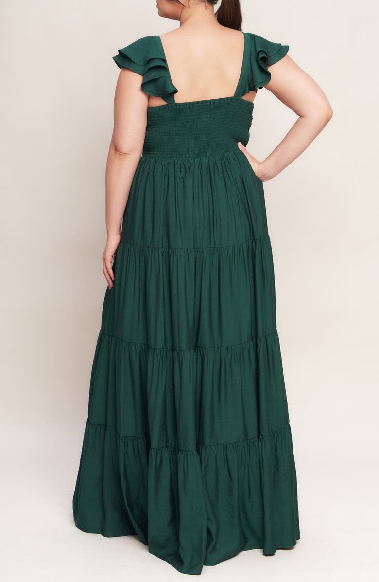 FLYING TOMATO Flutter Cap Sleeve Tiered Maxi Dress, Alternate, color, Forest Green