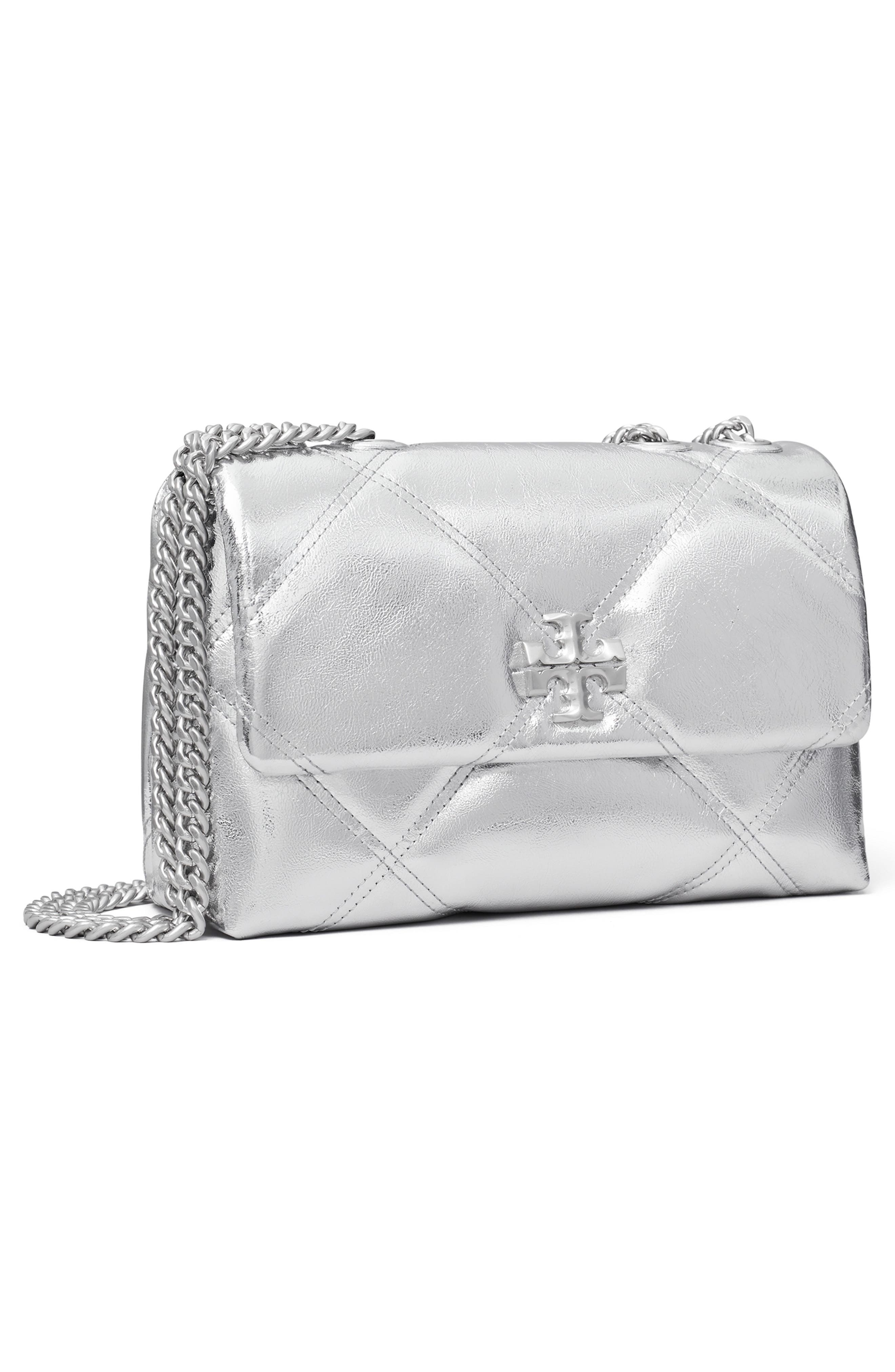 Tory Burch Small Kira Quilted Metallic Leather Shoulder Bag, Alternate, color, Silver