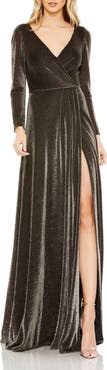 Mac Duggal Long Sleeve Faux Wrap A Line Gown