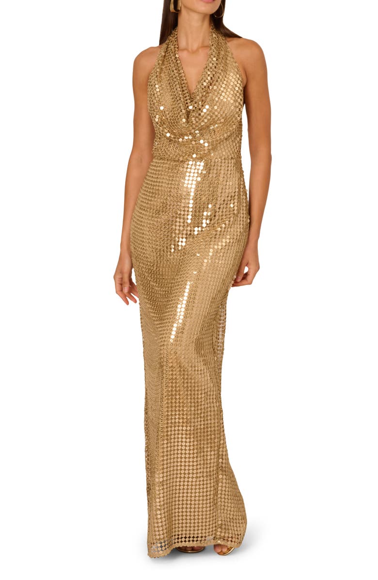 Adrianna Papell Sequin Cowl Halter Neck Gown, Main, color, Gold