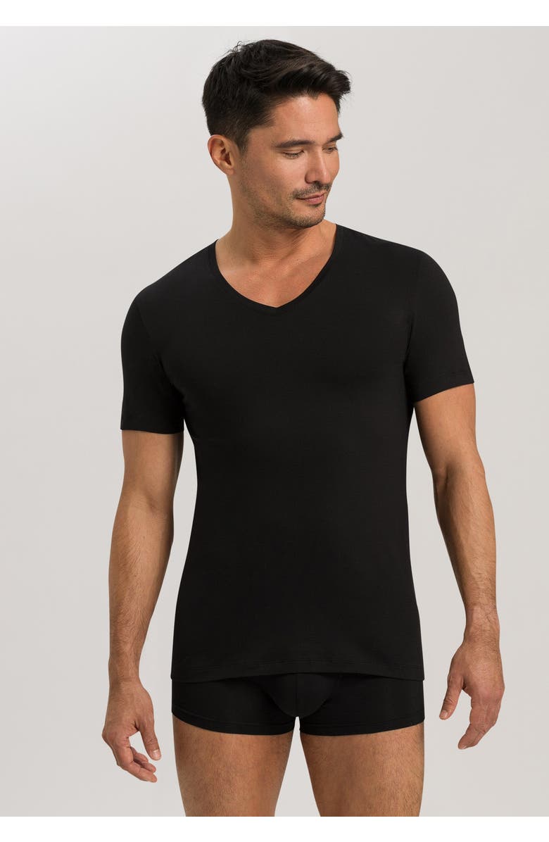 Hanro Cotton Superior Fitted V-Neck Cotton T-Shirt, Alternate, color, Black