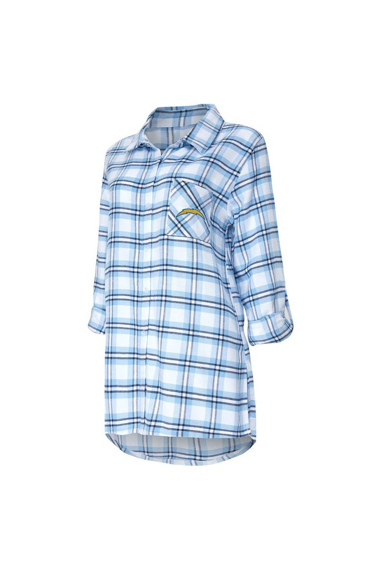 Women's Concepts Sport Powder Blue Los Angeles Chargers Sienna Plaid Full-Button Long Sleeve Nightshirt, Alternate, color, Powder Blue