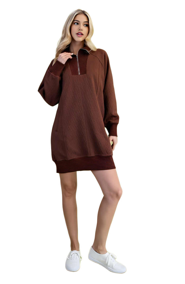 Knit and Lounge Textured Knit Half-Zip Dress With Contrast Ribbed Trim, Alternate, color, Chocolate Brown