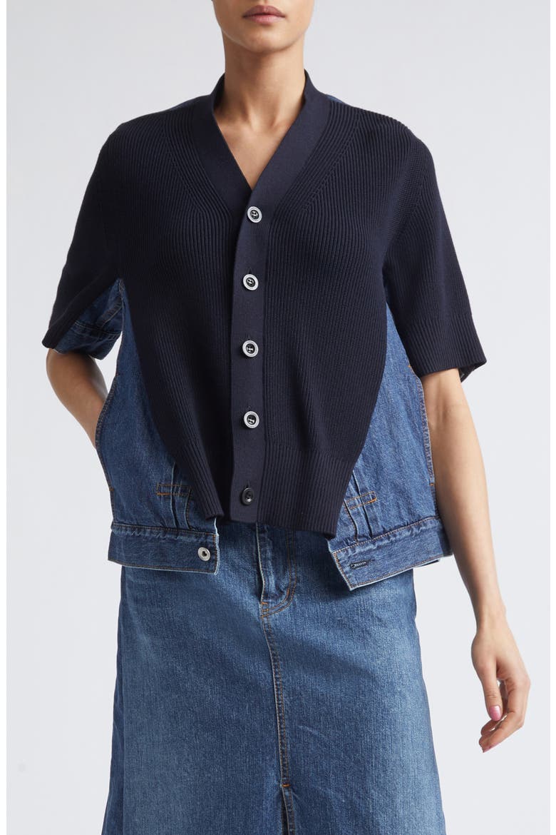 Mixed Media Knit & Denim Cardigan, Main, color, NAVY/ BLUE