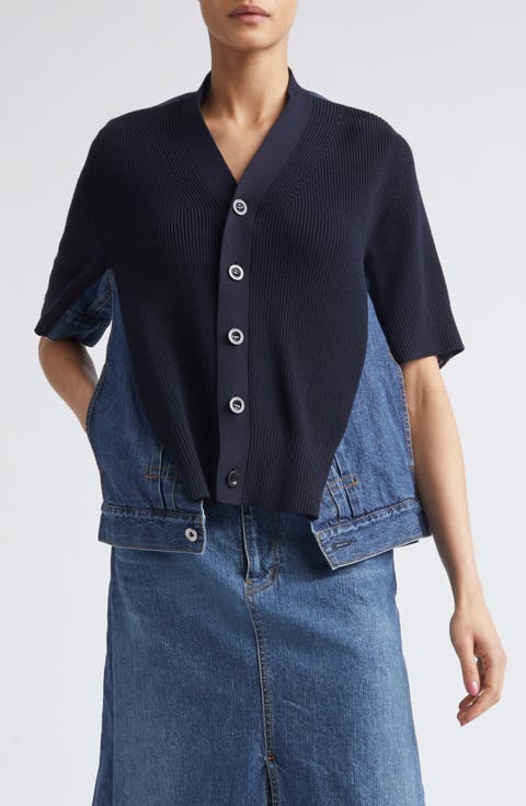 Mixed Media Knit & Denim Cardigan