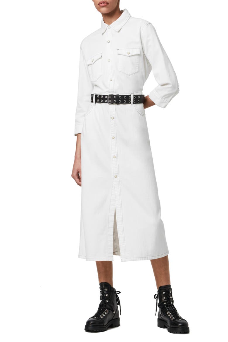 Polly Long Sleeve Denim Midi Shirtdress, Main, color, WHITE