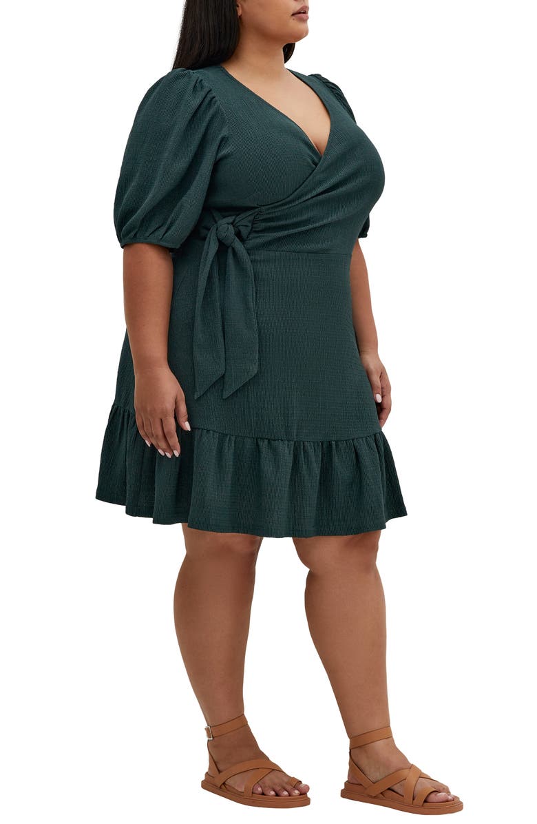 City Chic Katelyn Puff Sleeve Faux Wrap Dress, Alternate, color, Emerald
