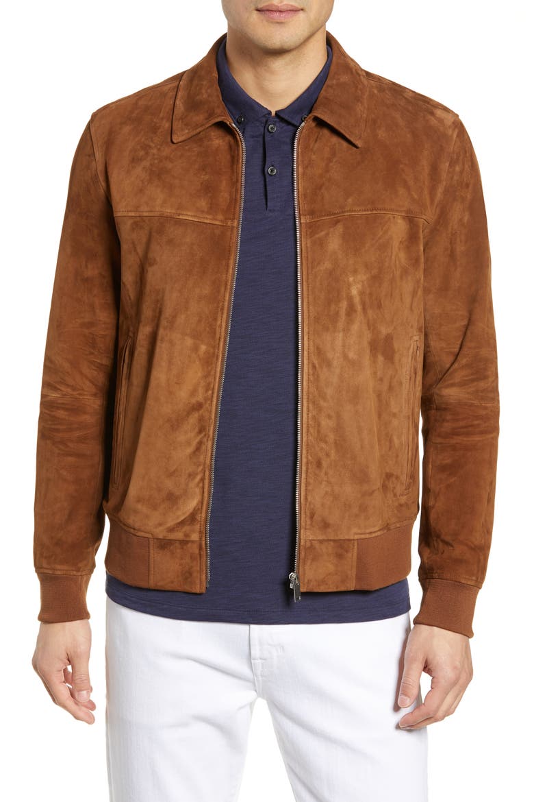 Noland Able Regular Fit Suede Bomber Jacket, Main, color, TOBACCO