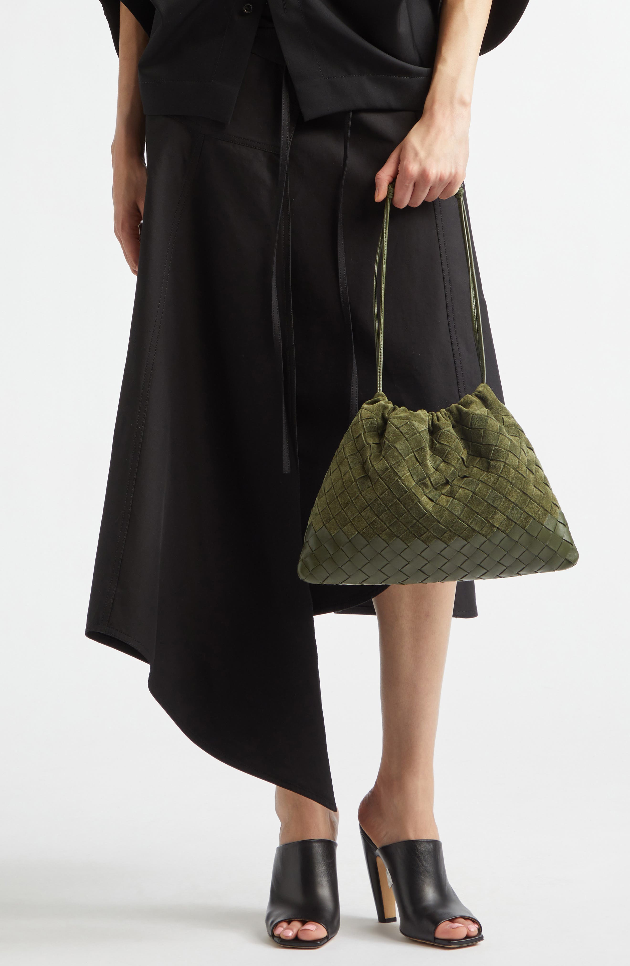 Medium Dustbag Intrecciato Suede & Leather Shoulder Bag, Alternate, color, 3785 GREEN TWEED-GOLD