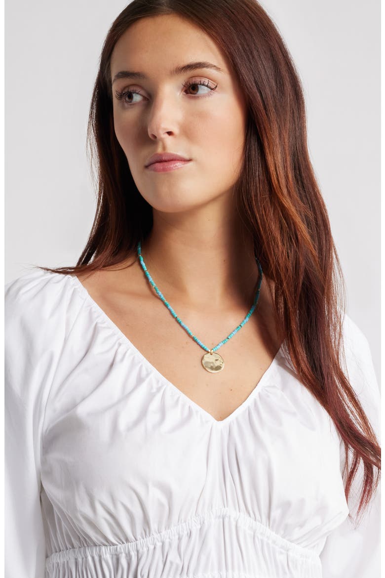 Hammered Coin Pendant Beaded Necklace, Alternate, color, TURQUOISE- GOLD