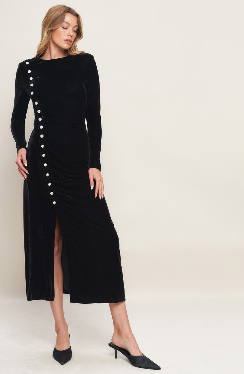 FLYING TOMATO Velvet Long Sleeve Midi Dress, Alternate, color, Black