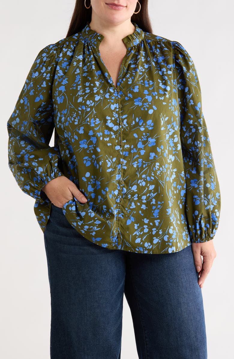 SUGARLIPS Solvay Floral Nellian Ruffle Collar Button-Up Shirt, Main, color, Green-Blue-Multi