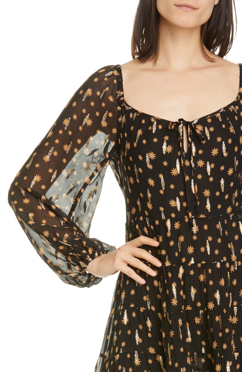 RIXO Cameron Star Print Long Sleeve Metallic Silk Maxi Dress, Alternate, color, 