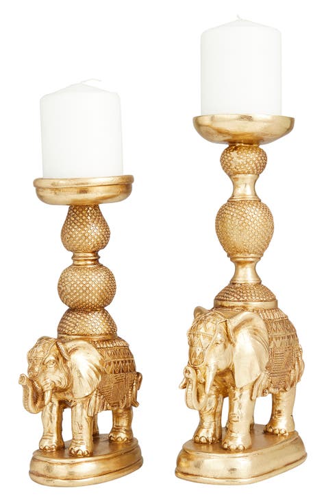 Goldtone Polystone Elephant Candle Holder - Set of 2