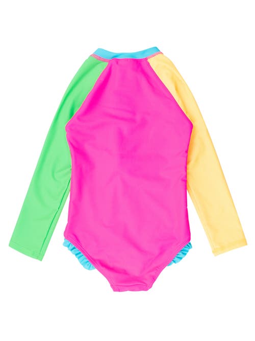 Rufflebutts Girls Upf50+ Sun Protection Long Sleeve Rash Guard One Piece In Neon Color Block