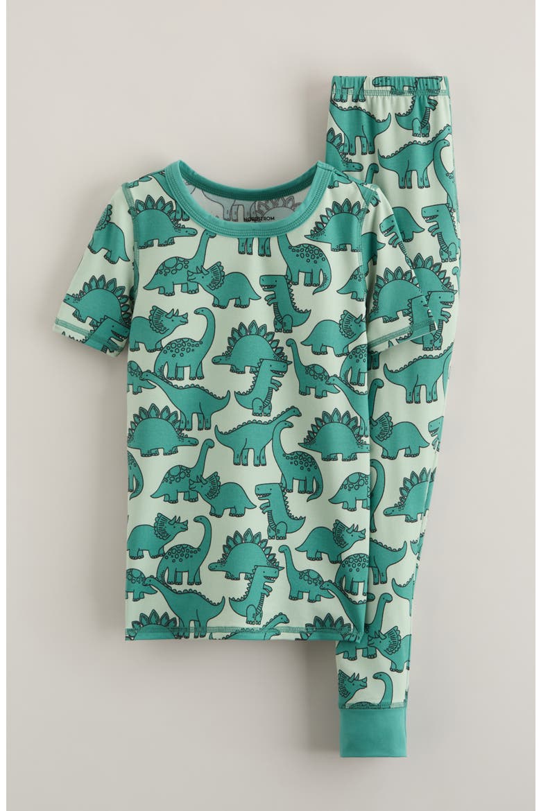 Kids' Fitted Pajamas, Main, color, BOTTLE GREEN DINOS