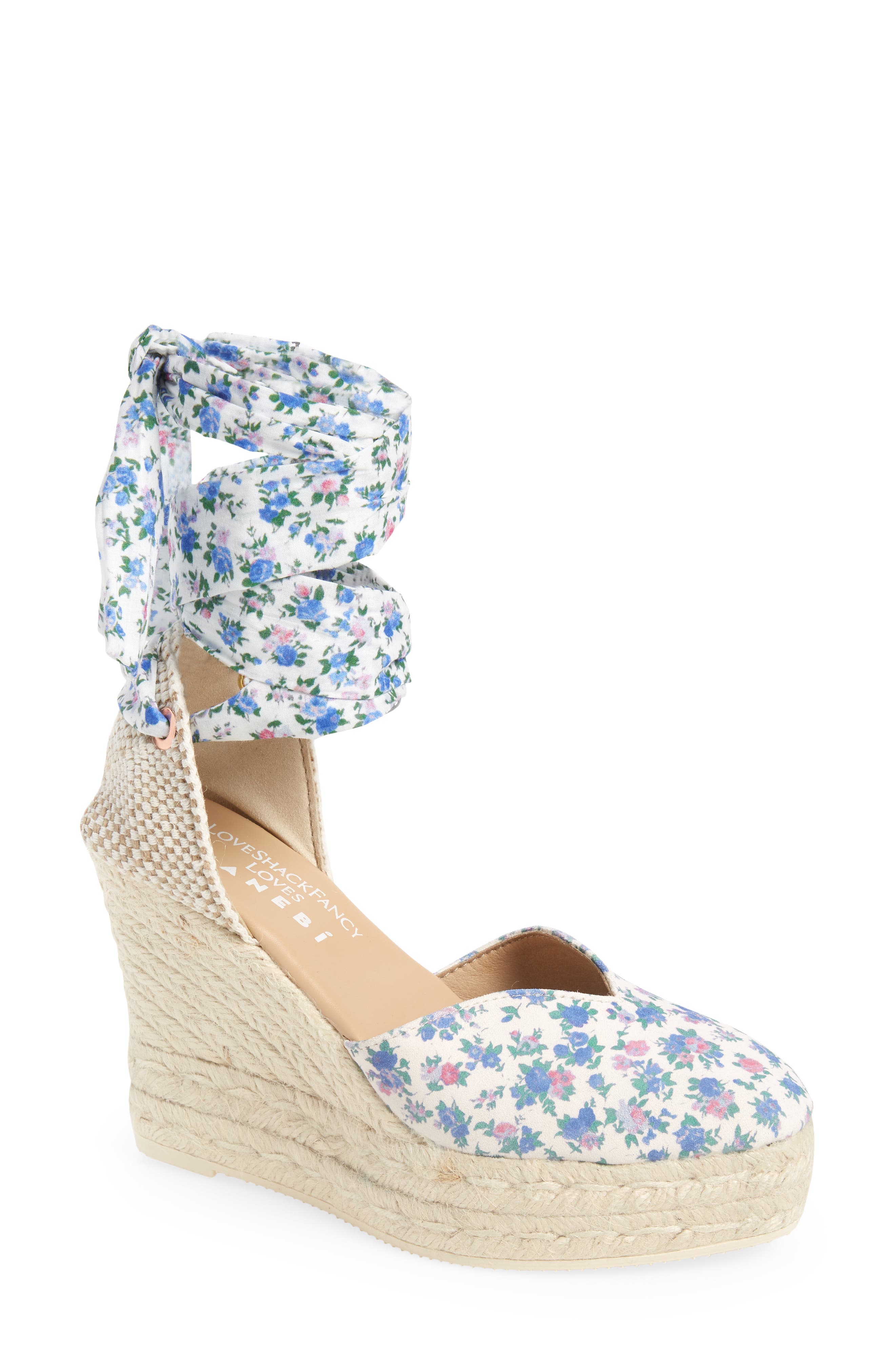 LoveShackFancy Loves Manebí Floral Espadrille Wedge Sandal, Main, color, BLUEJAY SONG