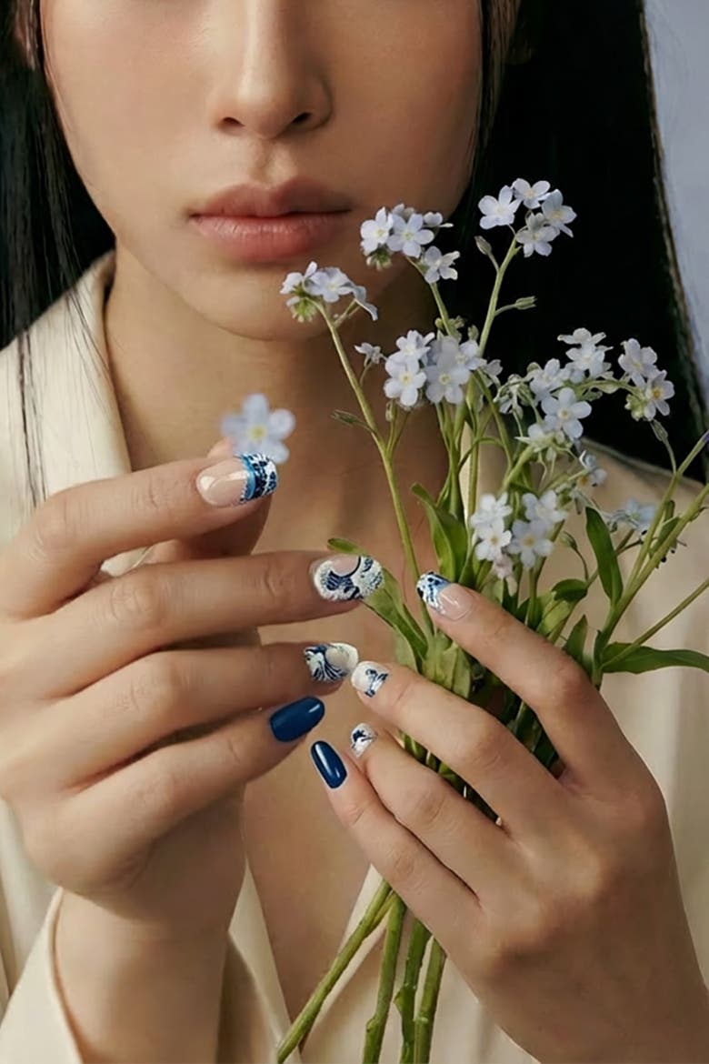 Katsushika Hokusai Great Wave Off Kanagawa Press On Nails, Alternate, color, Blue