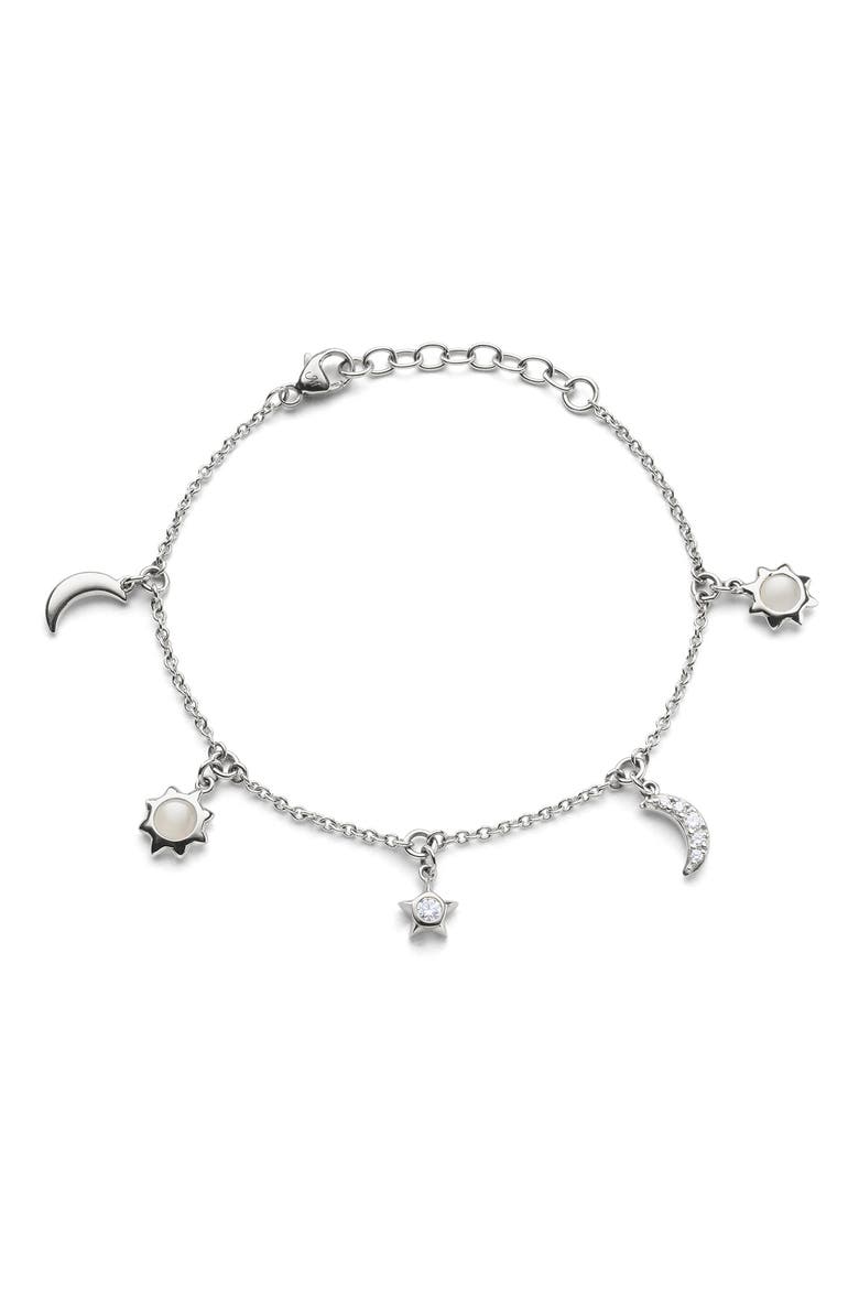 Sun, Moon & Stars White Sapphire & Moonstone Charm Bracelet, Main, color, STERLING SILVER