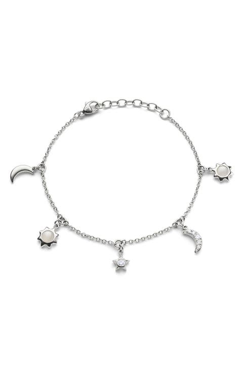 Sun, Moon & Stars White Sapphire & Moonstone Charm Bracelet