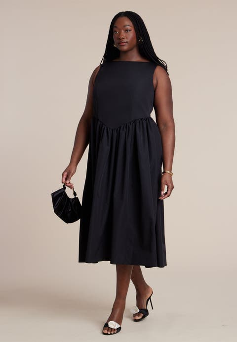 Boat Neck Flare Midi Dress (Plus)