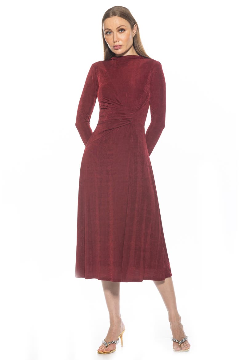 Marla Long Sleeve Draped Midi Dress, Alternate, color, BURGUNDY