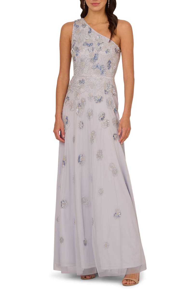 Adrianna Papell Beaded One-Shoulder Trumpet Gown, Main, color, 