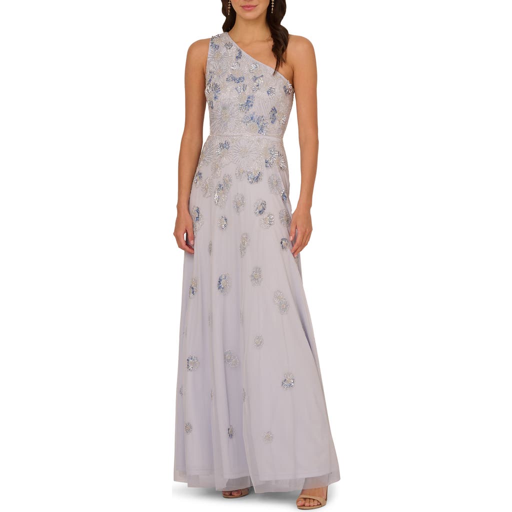 Adrianna Papell Beaded One-shoulder Trumpet Gown In Serenity