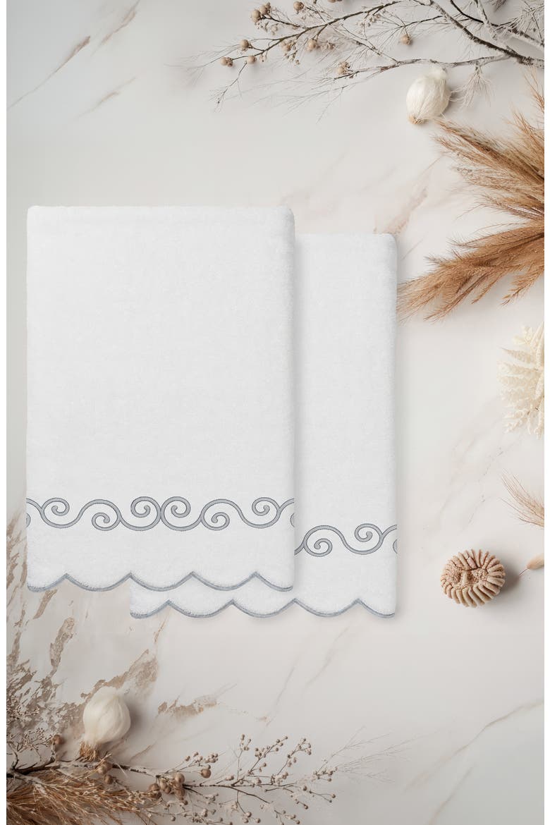 2-Piece Symmetra Embroidered Turkish Cotton Bath Towel Set, Alternate, color, WHITE/ GRAY