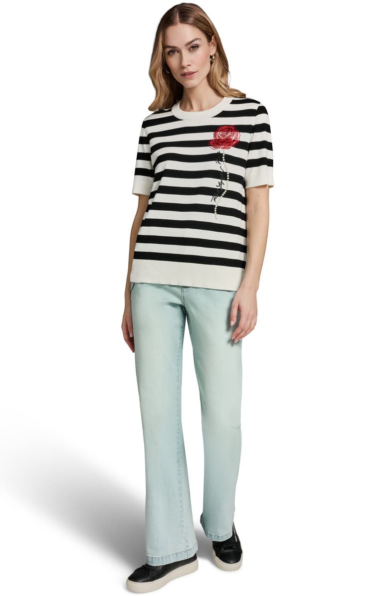KARL LAGERFELD PARIS Bead & Faux Pearl Rose Detail Stripe Sweater, Alternate, color, 