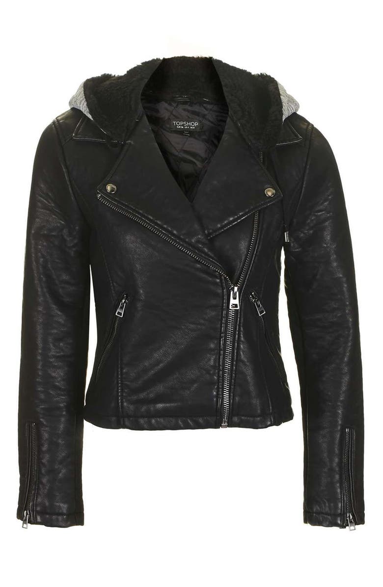 Topshop Maggie Faux Leather Biker Jacket with Hood, Alternate, color, 