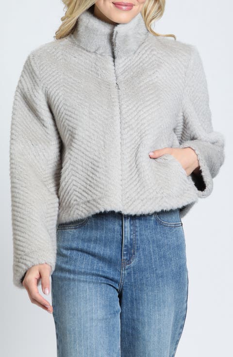Zig-Zag Textured Faux Fur Full Zip Hoodie