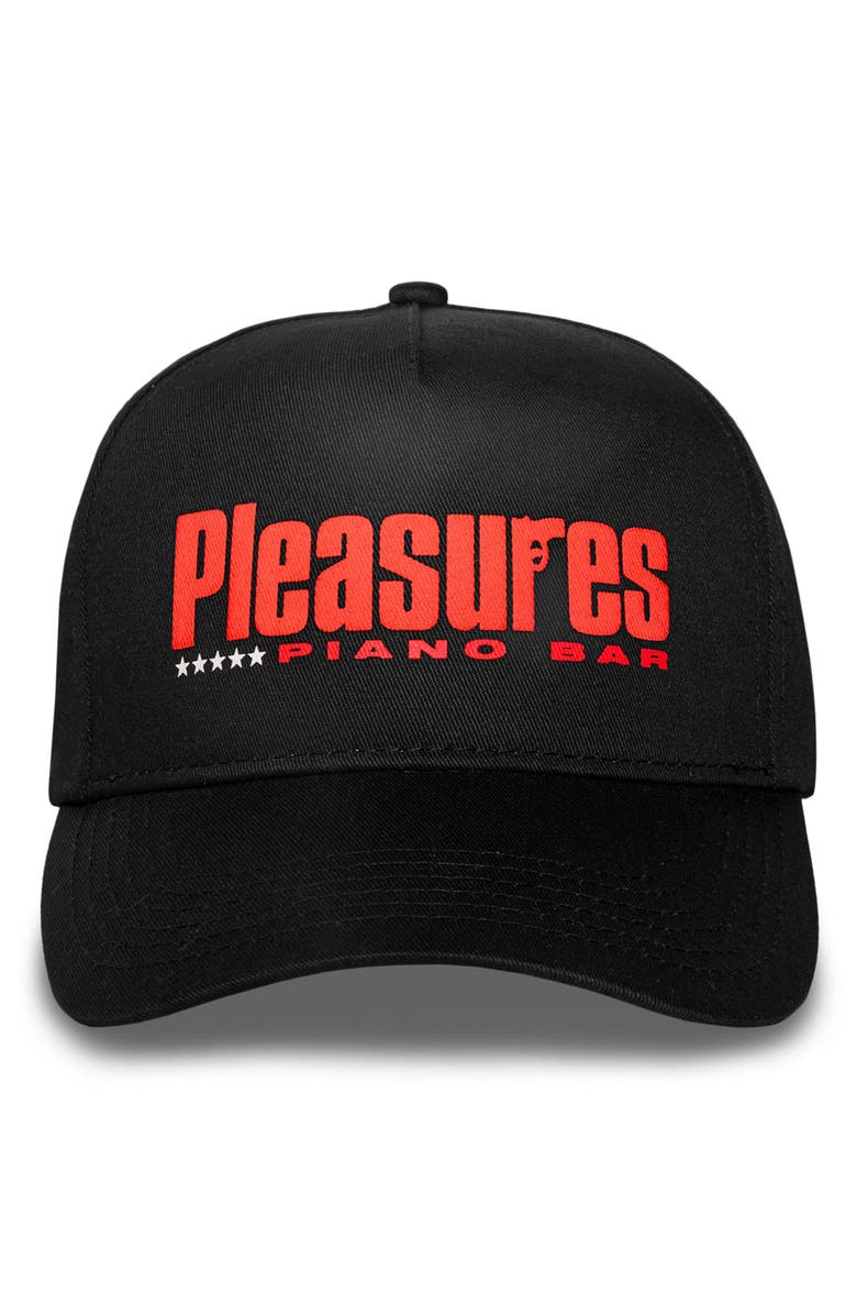 PLEASURES Piano Bar Snapback Cotton Twill Trucker Hat, Main, color, Black