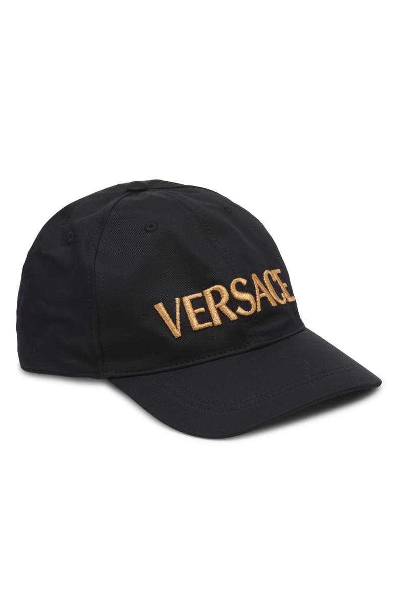 Versace Embroidered Metallic Logo Cotton Drill Baseball Cap, Main, color, 