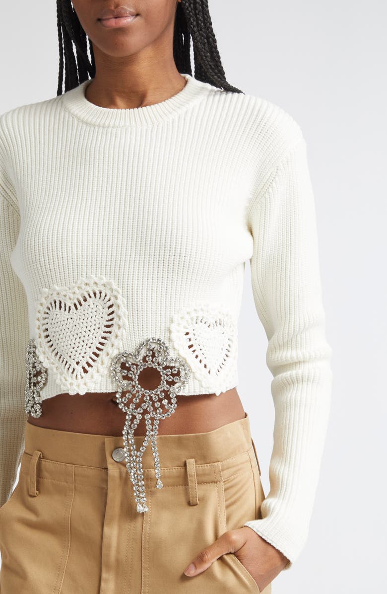 Area Crystal Flower & Crochet Heart Appliqué Crop Rib Sweater, Alternate, color, Off White