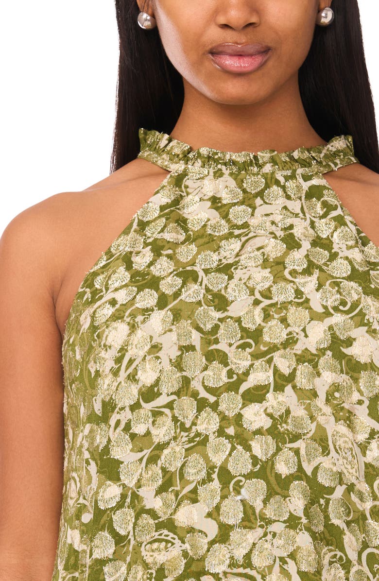 CeCe Metallic Leaf Print Dress, Alternate, color, Cedar Green