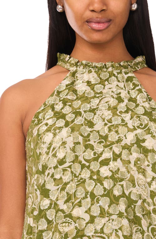 Cece Metallic Leaf Print Dress In Green