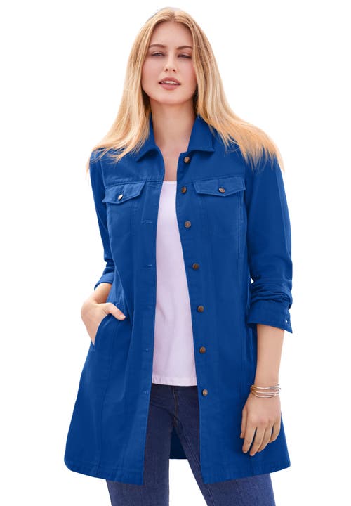 Jessica London Long Denim Jacket In Blue